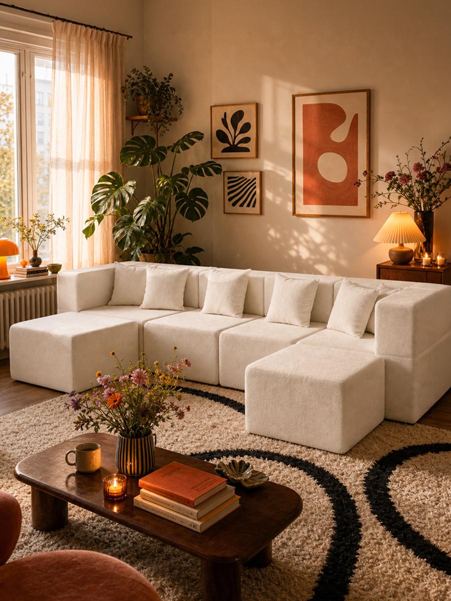 Cream Monvane modular sectional in a U shape with an ottoman